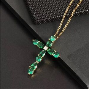 Elegant Gold and Green Cross Pendant Necklace - stainless steel